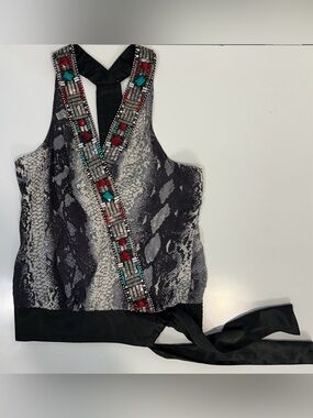 bebe Black Snake Print Beaded Tie-Front Tank with Red & Turquoise Accents